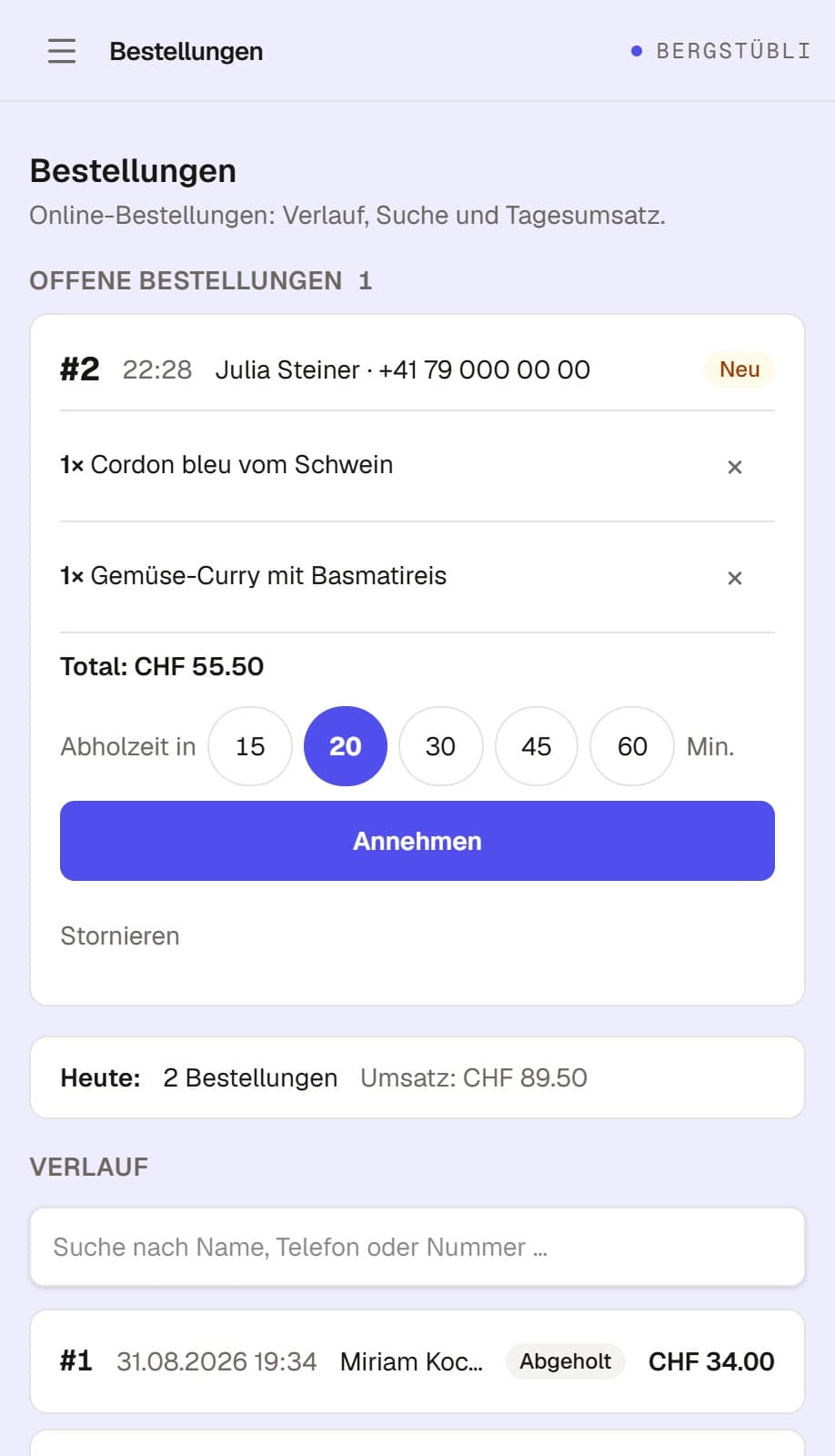 Mobile Bestellübersicht in Gastrobrand